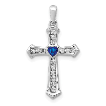 GGC 14k White Gold 1/5 carat Lab Grown Diamond VS/SI+ G+ and Lab Created Blue Sapphire Complete Cross Pendant