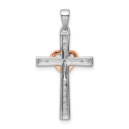 LGGC 14k Two Tone Rose and White Gold 1/8 carat Lab Grown Diamond VS/SI+ G+ Complete Cross with Heart Pendant