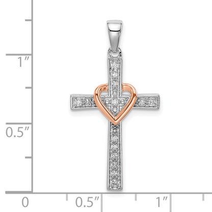 LGGC 14k Two Tone Rose and White Gold 1/8 carat Lab Grown Diamond VS/SI+ G+ Complete Cross with Heart Pendant