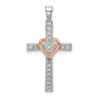 LGGC 14k Two Tone Rose and White Gold 1/8 carat Lab Grown Diamond VS/SI+ G+ Complete Cross with Heart Pendant