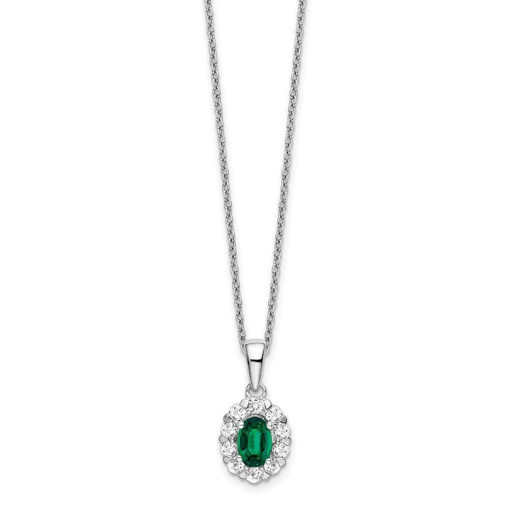 LGWN 14k White Gold 1/2 carat Lab Grown Diamond VS/SI+ G+ and Oval Lab Created Emerald Complete 18 inch Halo Pendant Necklace