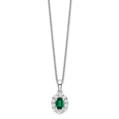 LGWN 14k White Gold 1/2 carat Lab Grown Diamond VS/SI+ G+ and Oval Lab Created Emerald Complete 18 inch Halo Pendant Necklace