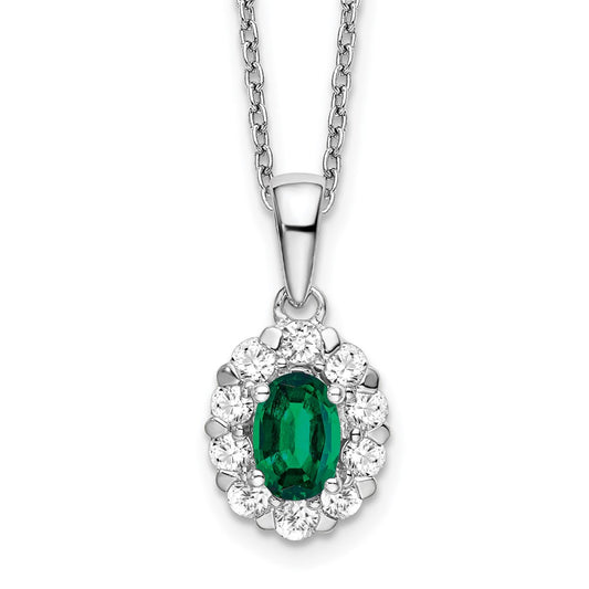 LGWN 14k White Gold 1/2 carat Lab Grown Diamond VS/SI+ G+ and Oval Lab Created Emerald Complete 18 inch Halo Pendant Necklace