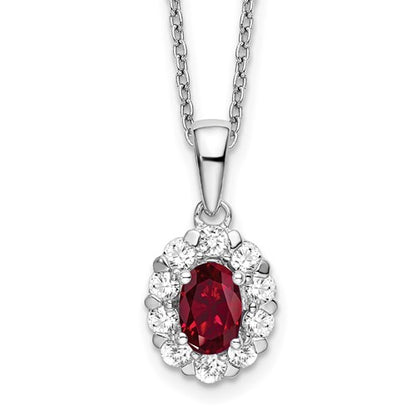 GGN 14k White Gold 1/2 carat Lab Grown Diamond VS/SI+ G+ and Oval Lab Created Ruby Complete 18 inch Halo Pendant Necklace