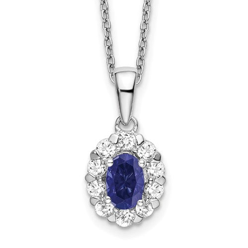GGN 14k White Gold 1/2 carat Lab Grown Diamond VS/SI+G+ and Oval Lab Created Blue Sapphire Complete 18 inch Halo Pendant Necklace