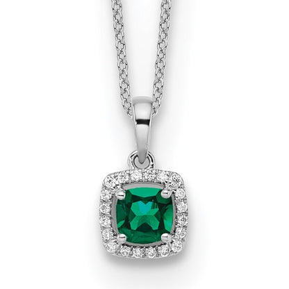 LGGN 14k White Gold 1/10 carat Lab Grown Diamond VS/SI+ G+ and Created Emerald Complete 18 inch Pendant Necklace