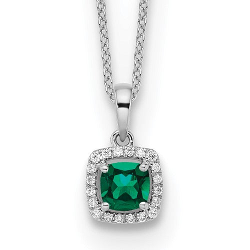 LGGN 14k White Gold 1/10 carat Lab Grown Diamond VS/SI+ G+ and Created Emerald Complete 18 inch Pendant Necklace