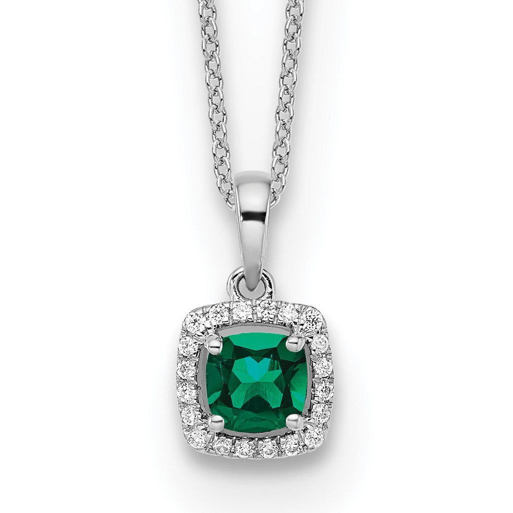 LGGN 14k White Gold 1/10 carat Lab Grown Diamond VS/SI+ G+ and Created Emerald Complete 18 inch Pendant Necklace