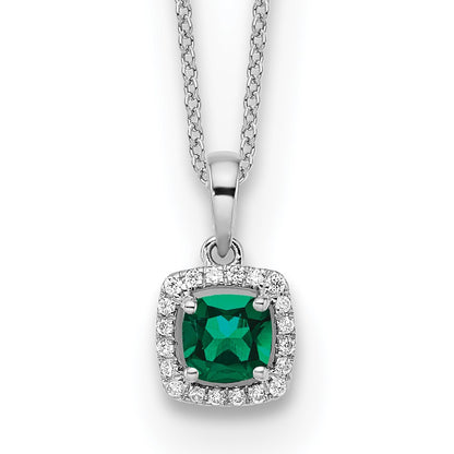 LGGN 14k White Gold 1/10 carat Lab Grown Diamond VS/SI+ G+ and Created Emerald Complete 18 inch Pendant Necklace