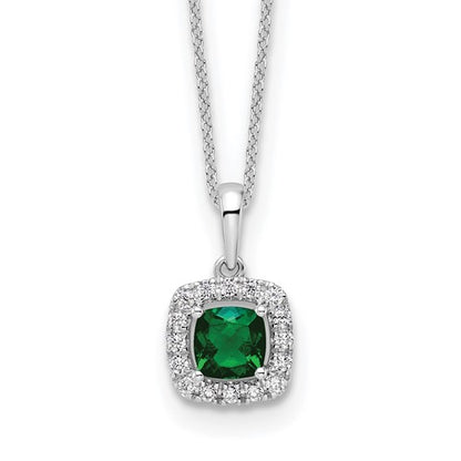 LGWN 10k White Gold 1/4 carat Lab Grown Diamond VS/SI+ G+ and Created Emerald Complete 18 inch Pendant Necklace
