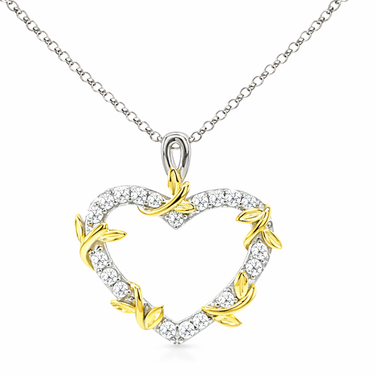 PML Two Tone, Heart Pendant w/Moissanite Gemstones Highlights & SS Chain.