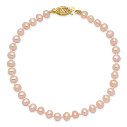 PGB 14k 4-5mm Pink Near-Round Freshwater Cultured Pearl 7.5 inch Bracelet