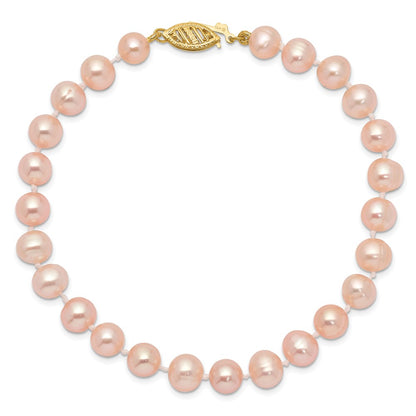 PGB 14k 6-7mm Pink Near-Round Freshwater Cultured Pearl 7.5 inch Bracelet