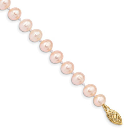 PGB 14k 6-7mm Pink Near-Round Freshwater Cultured Pearl 7.5 inch Bracelet