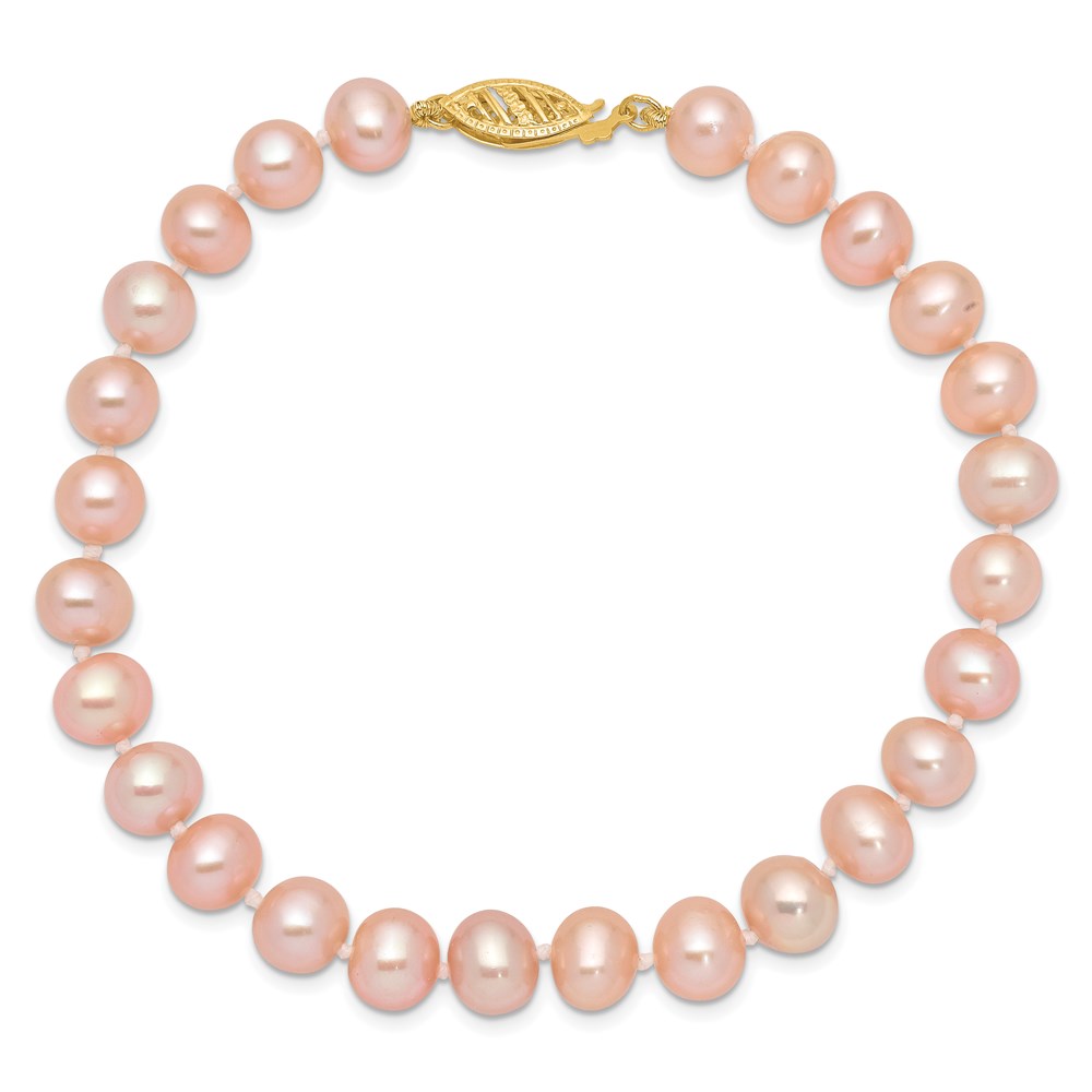PGB 14k 7-8mm Pink Near-Round Freshwater Cultured Pearl 7.5 inch Bracelet