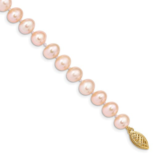 PGB 14k 7-8mm Pink Near-Round Freshwater Cultured Pearl 7.5 inch Bracelet