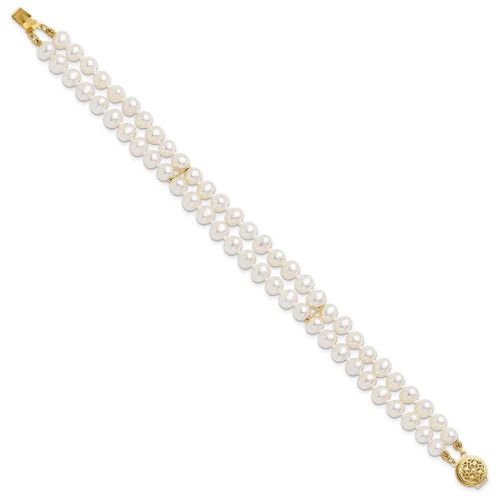PGB 14k 5-6mm White Near-Round Freshwater Cultured Pearl 2-Strand 7.5 inch Bracelet