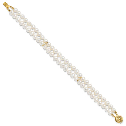 PGB 14k 5-6mm White Near-Round Freshwater Cultured Pearl 2-Strand 7.5 inch Bracelet