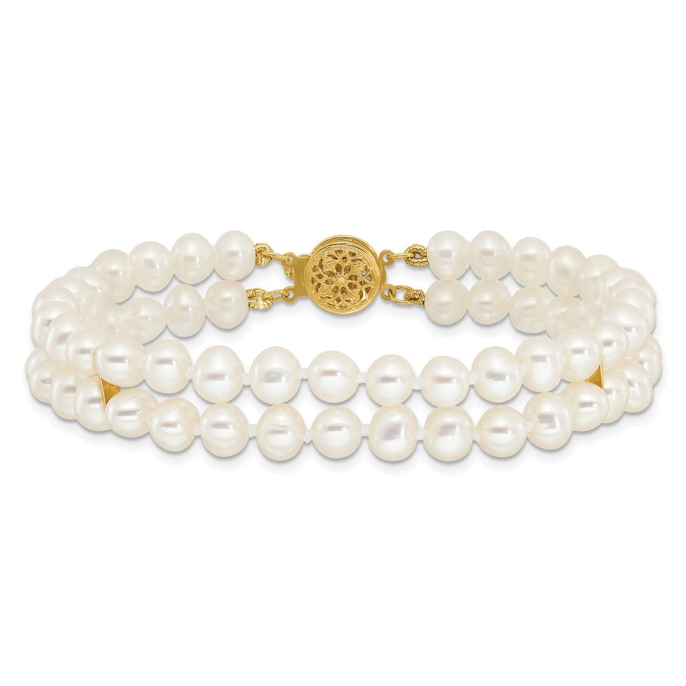 PGB 14k 5-6mm White Near-Round Freshwater Cultured Pearl 2-Strand 7.5 inch Bracelet