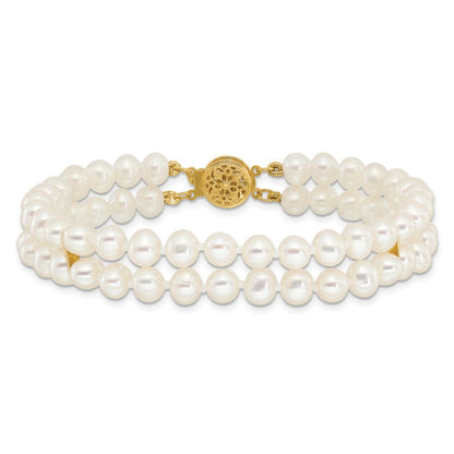 PGB 14k 5-6mm White Near-Round Freshwater Cultured Pearl 2-Strand 7.5 inch Bracelet