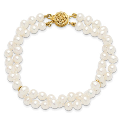 PGB 14k 5-6mm White Near-Round Freshwater Cultured Pearl 2-Strand 7.5 inch Bracelet