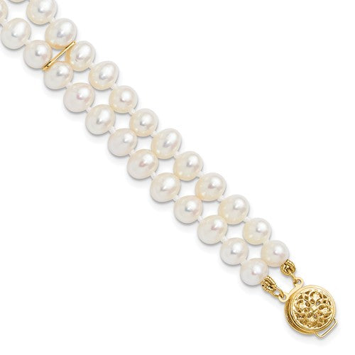 PGB 14k 5-6mm White Near-Round Freshwater Cultured Pearl 2-Strand 7.5 inch Bracelet