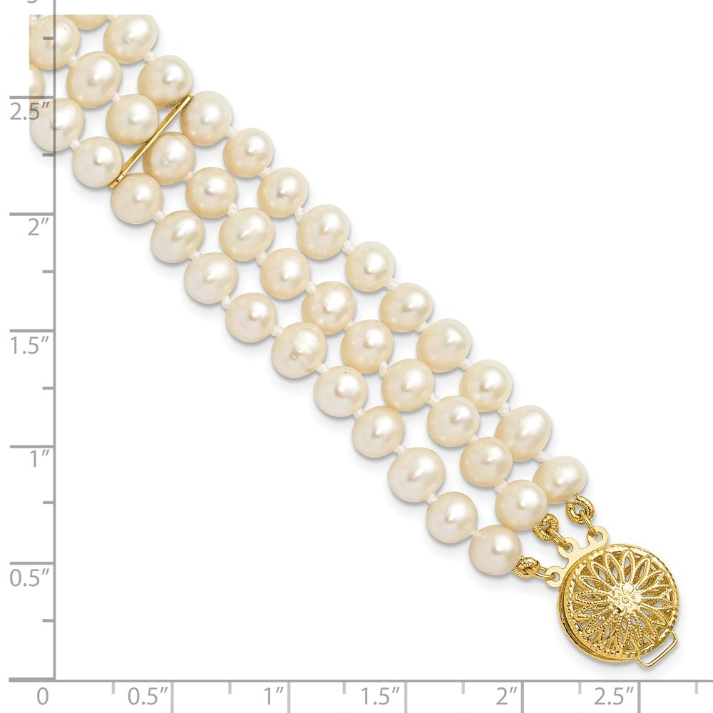 PGB 14k 5-6mm White Near-Round Freshwater Cultured Pearl 3-Strand 7.5 inch Bracelet