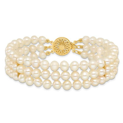 PGB 14k 5-6mm White Near-Round Freshwater Cultured Pearl 3-Strand 7.5 inch Bracelet