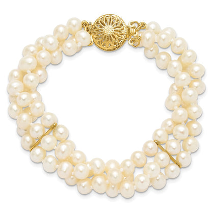 PGB 14k 5-6mm White Near-Round Freshwater Cultured Pearl 3-Strand 7.5 inch Bracelet