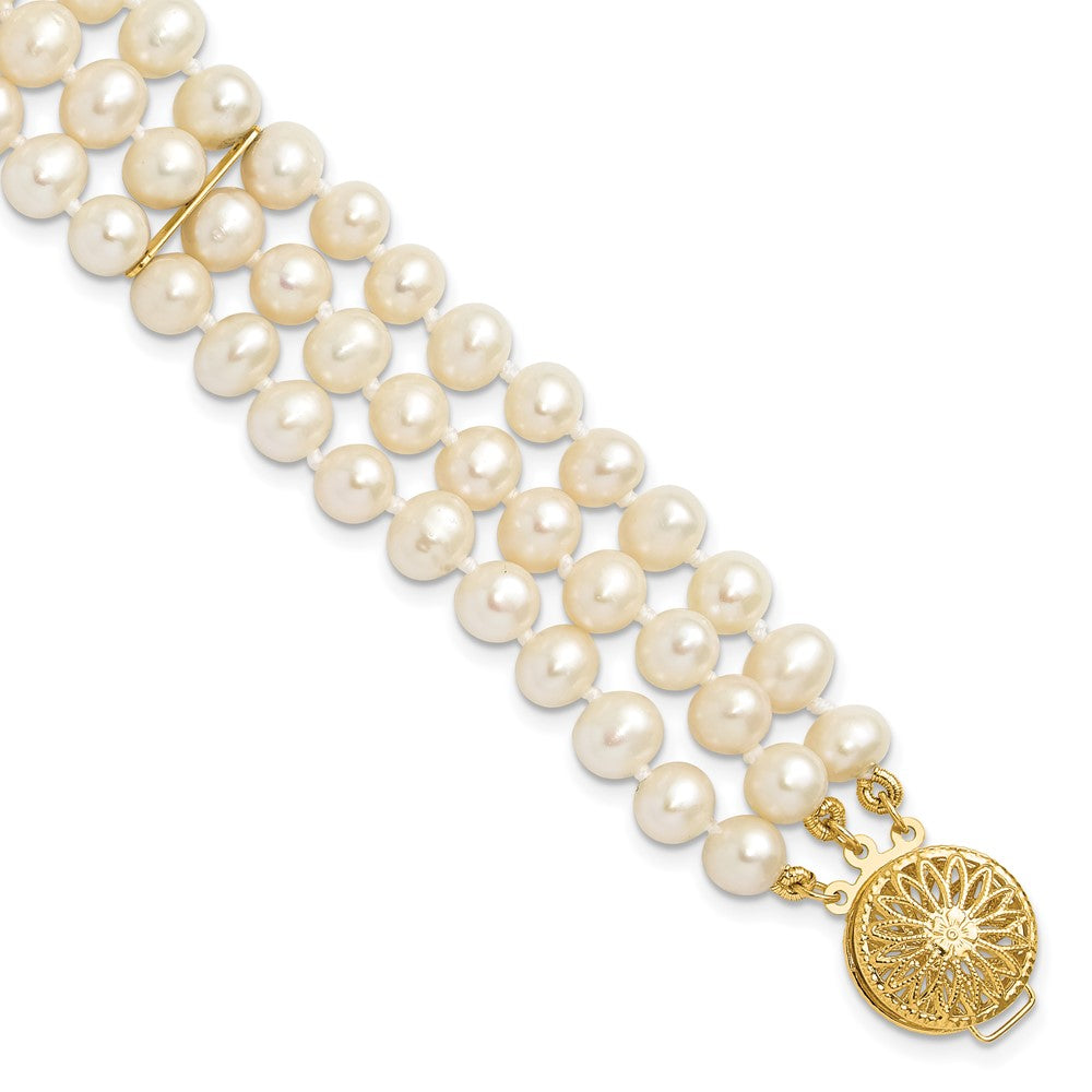 PGB 14k 5-6mm White Near-Round Freshwater Cultured Pearl 3-Strand 7.5 inch Bracelet