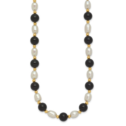 PGN 14k 6-7mm White Rice Freshwater Cultured Pearl and Onyx Beads 17 inch Necklace