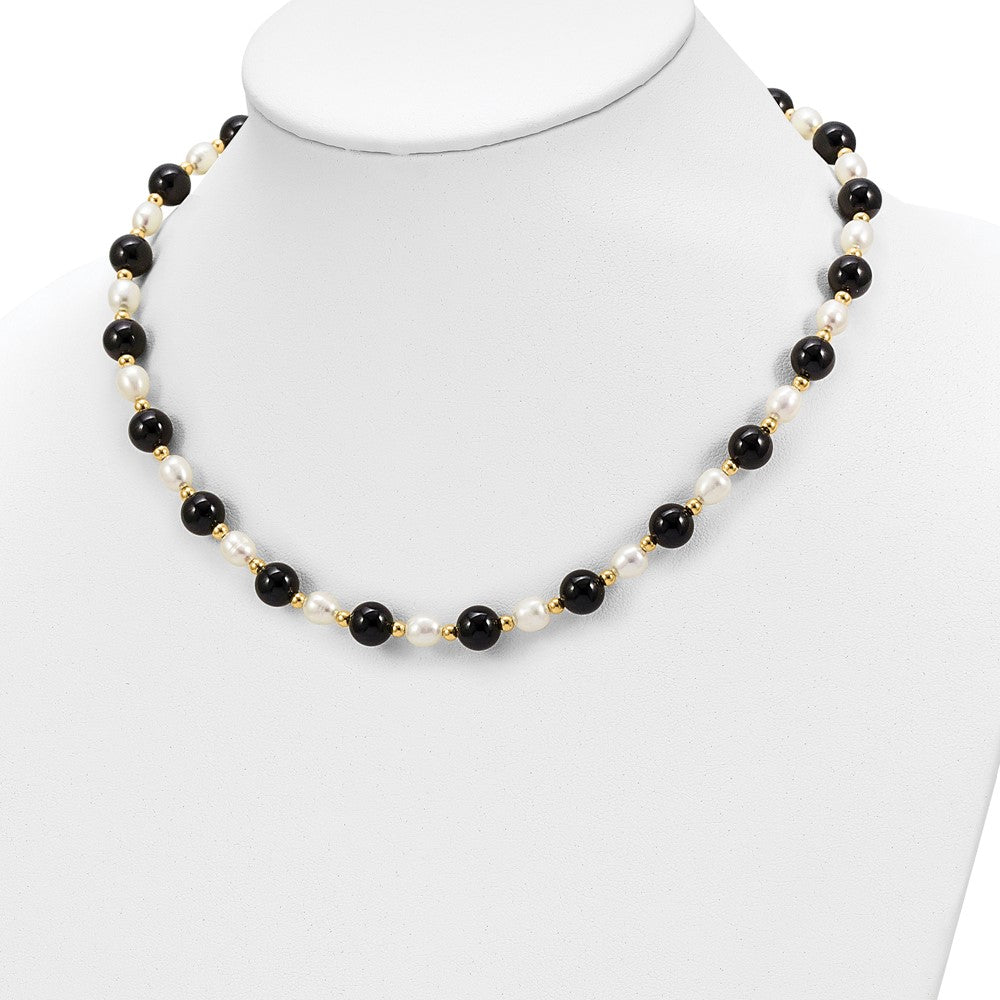 PGN 14k 6-7mm White Rice Freshwater Cultured Pearl and Onyx Beads 17 inch Necklace