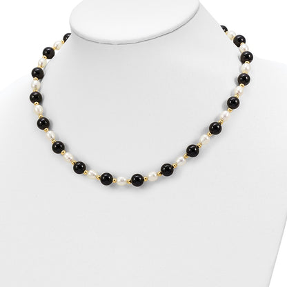 PGN 14k 6-7mm White Rice Freshwater Cultured Pearl and Onyx Beads 17 inch Necklace