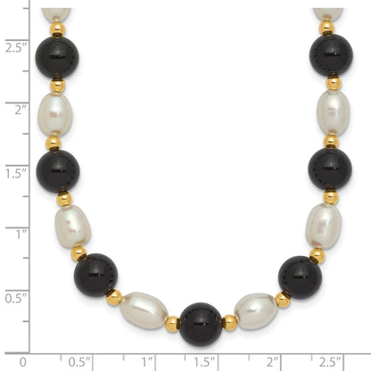 PGN 14k 6-7mm White Rice Freshwater Cultured Pearl and Onyx Beads 17 inch Necklace