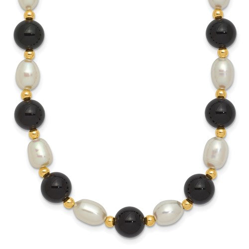 PGN 14k 6-7mm White Rice Freshwater Cultured Pearl and Onyx Beads 17 inch Necklace