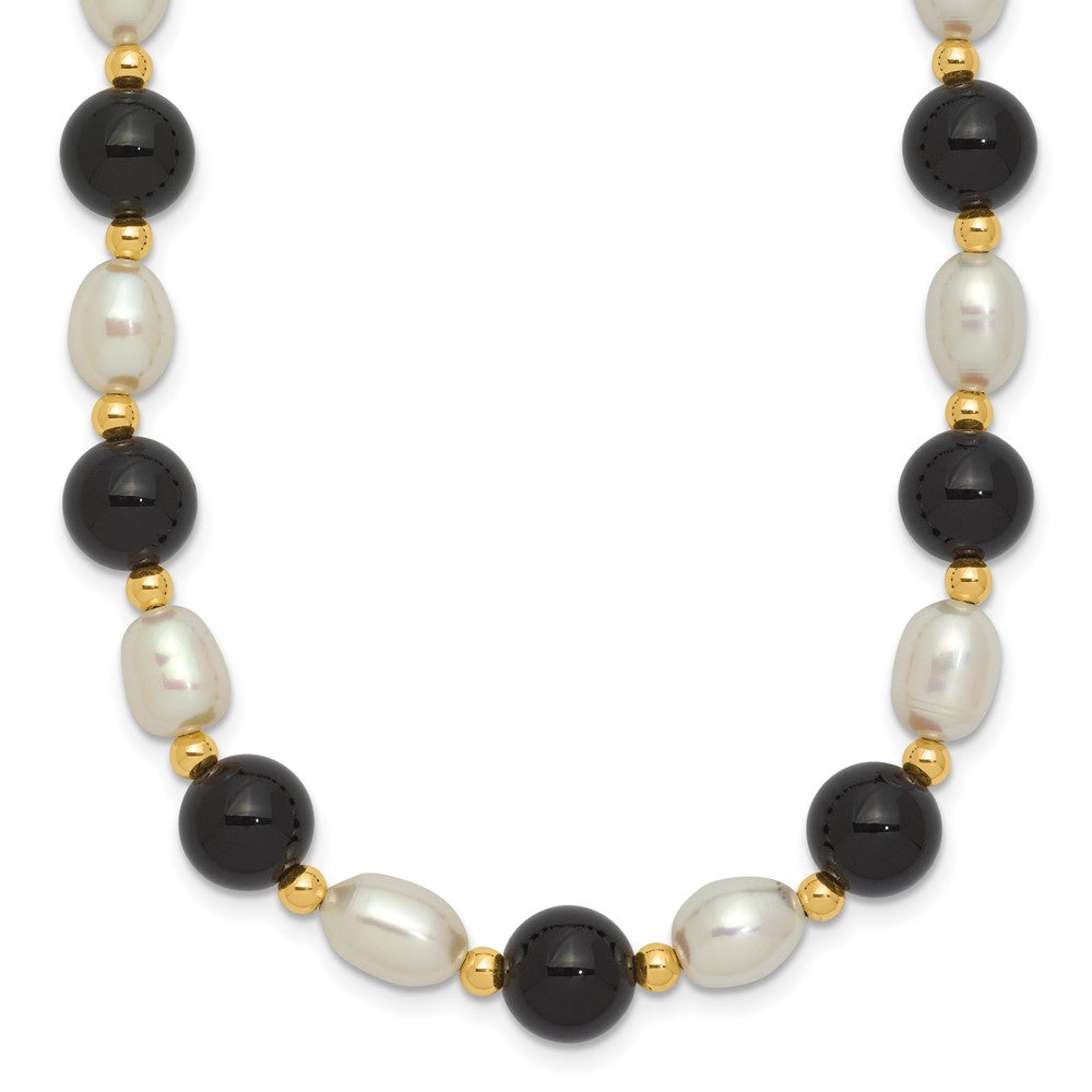 PGN 14k 6-7mm White Rice Freshwater Cultured Pearl and Onyx Beads 17 inch Necklace