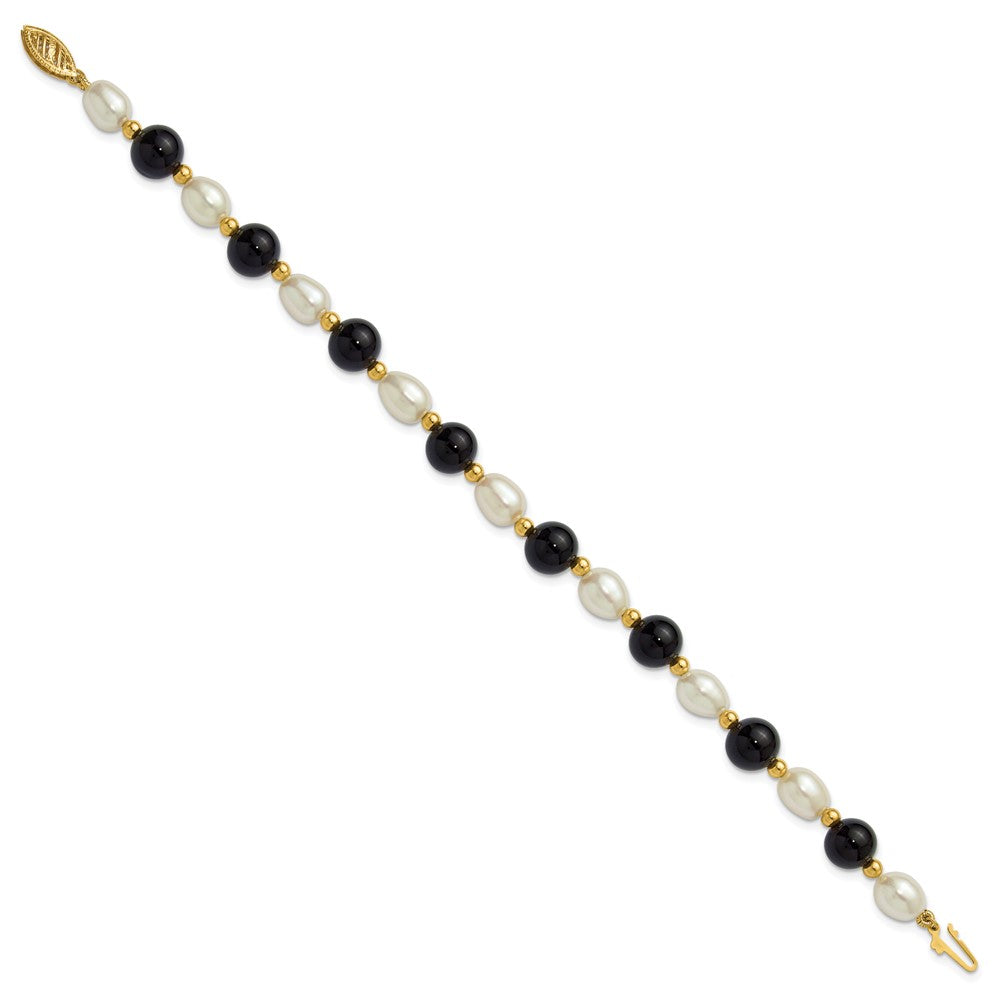PGB 14k 6-7mm White Rice Freshwater Cultured Pearl and Onyx Beaded 8 inch Bracelet