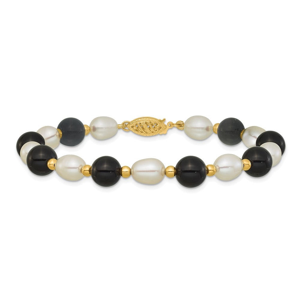 PGB 14k 6-7mm White Rice Freshwater Cultured Pearl and Onyx Beaded 8 inch Bracelet