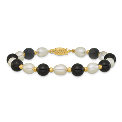 PGB 14k 6-7mm White Rice Freshwater Cultured Pearl and Onyx Beaded 8 inch Bracelet