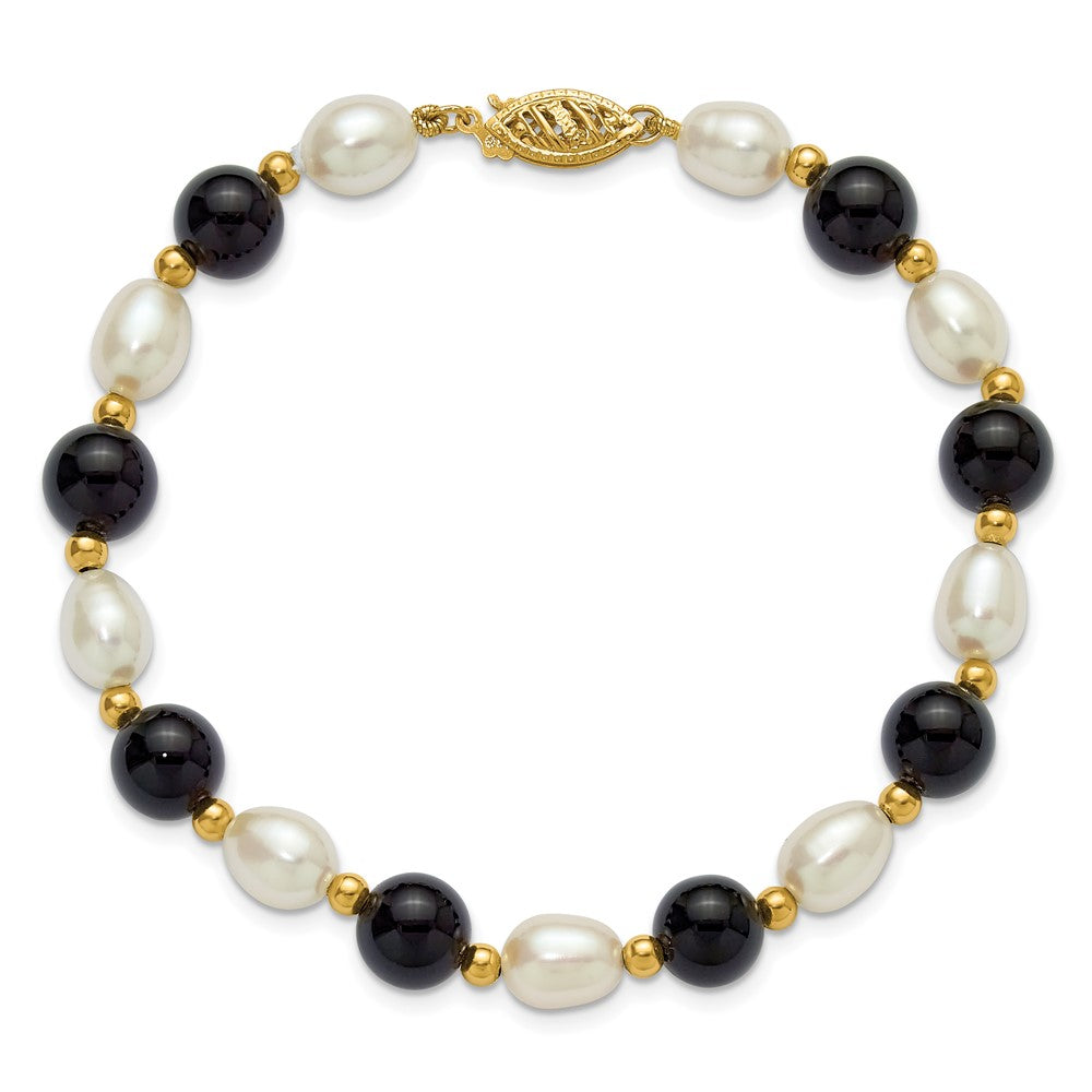 PGB 14k 6-7mm White Rice Freshwater Cultured Pearl and Onyx Beaded 8 inch Bracelet