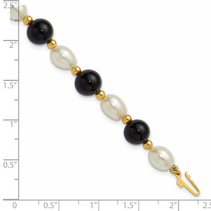 PGB 14k 6-7mm White Rice Freshwater Cultured Pearl and Onyx Beaded 8 inch Bracelet