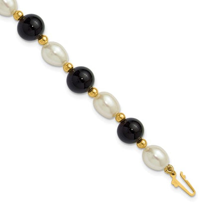 PGB 14k 6-7mm White Rice Freshwater Cultured Pearl and Onyx Beaded 8 inch Bracelet