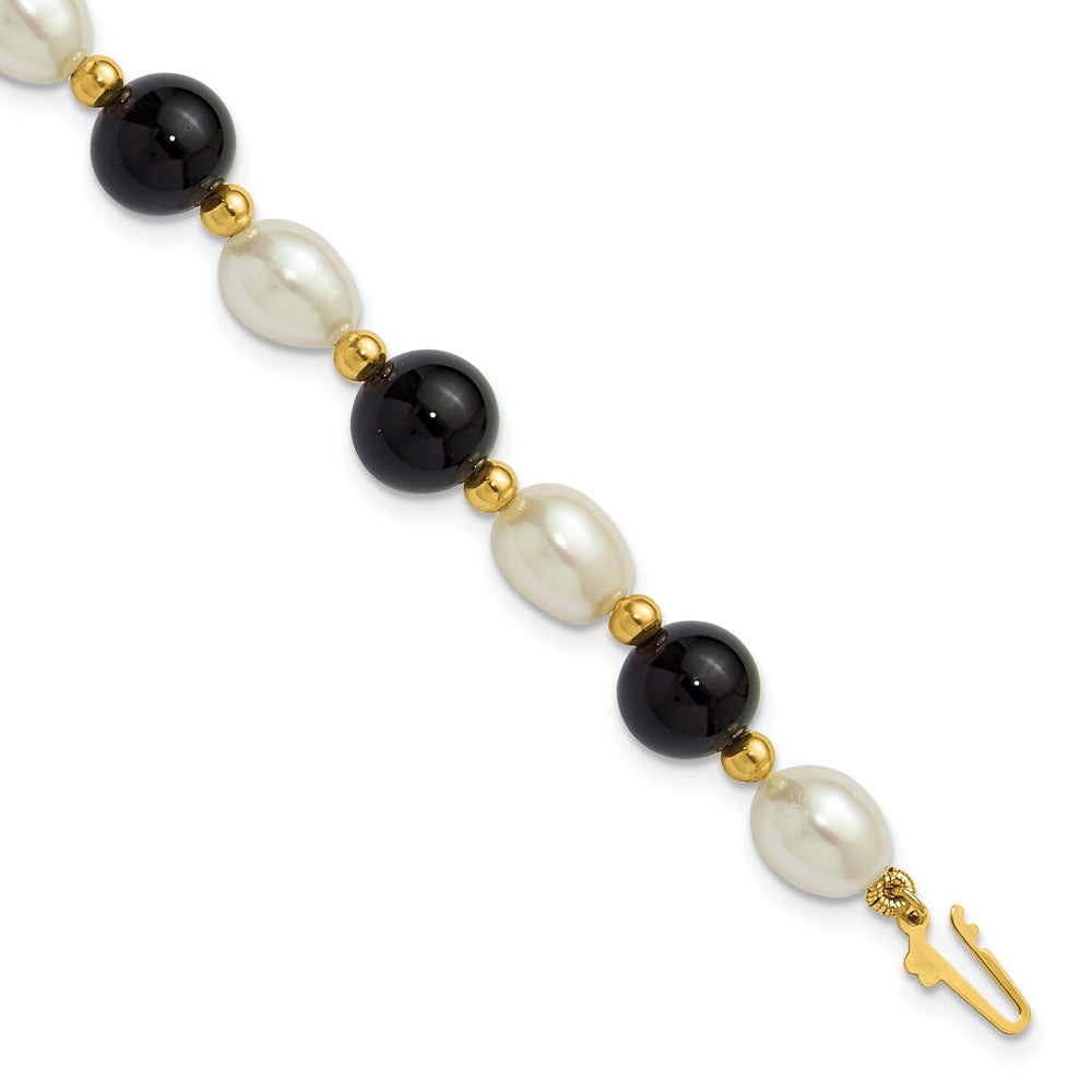 PGB 14k 6-7mm White Rice Freshwater Cultured Pearl and Onyx Beaded 8 inch Bracelet