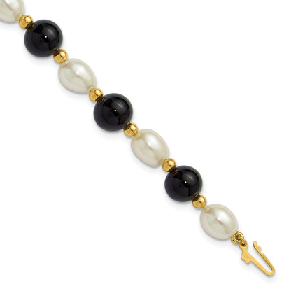 PGB 14k 6-7mm White Rice Freshwater Cultured Pearl and Onyx Beaded 8 inch Bracelet