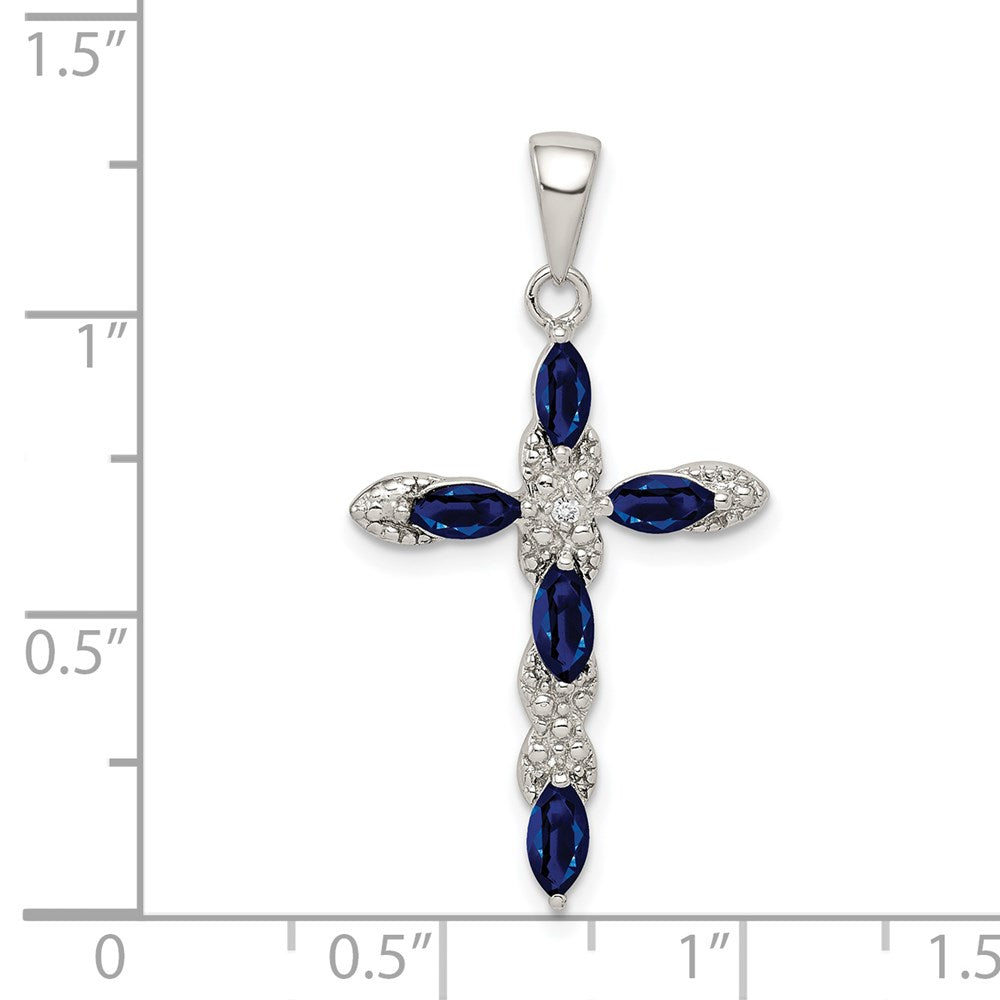 GSSP Sterling Silver Rhodium-plated Sapphire and Diamond Cross Pendant