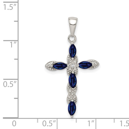 GSSP Sterling Silver Rhodium-plated Sapphire and Diamond Cross Pendant