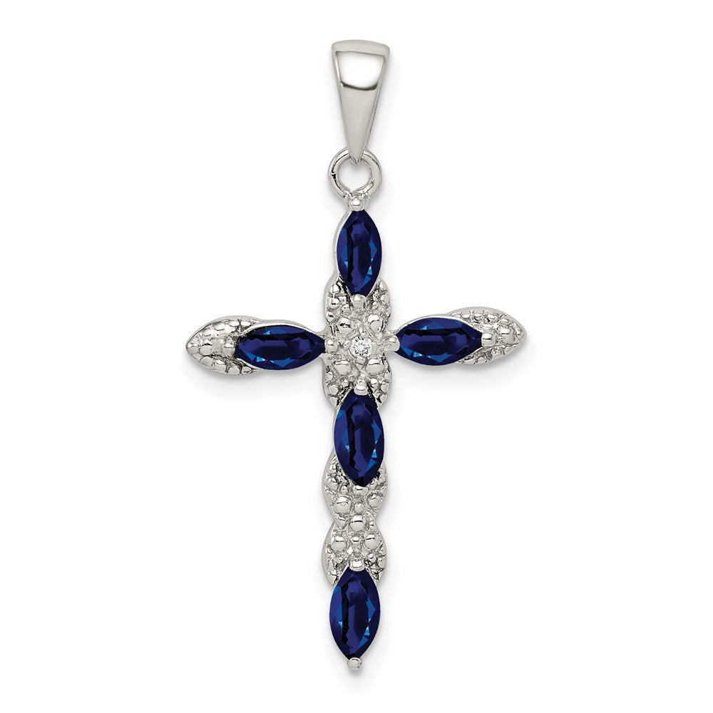 GSSP Sterling Silver Rhodium-plated Sapphire and Diamond Cross Pendant