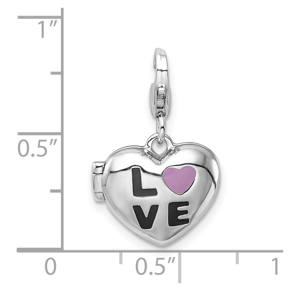 SSCZ Amore La Vita Sterling Silver Rhodium-plated Polished 3-D Enameled CZ LOVE Heart Locket Charm with Fancy Lobster Clasp