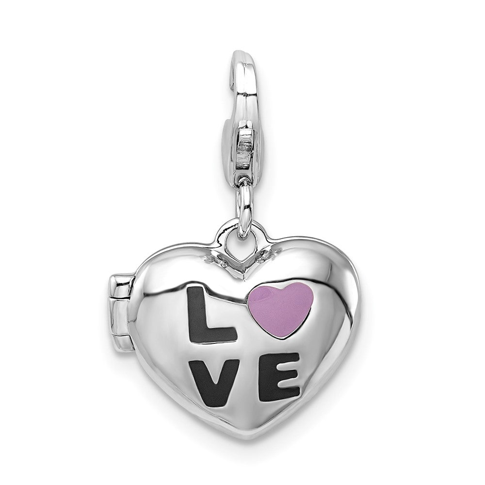 SSCZ Amore La Vita Sterling Silver Rhodium-plated Polished 3-D Enameled CZ LOVE Heart Locket Charm with Fancy Lobster Clasp