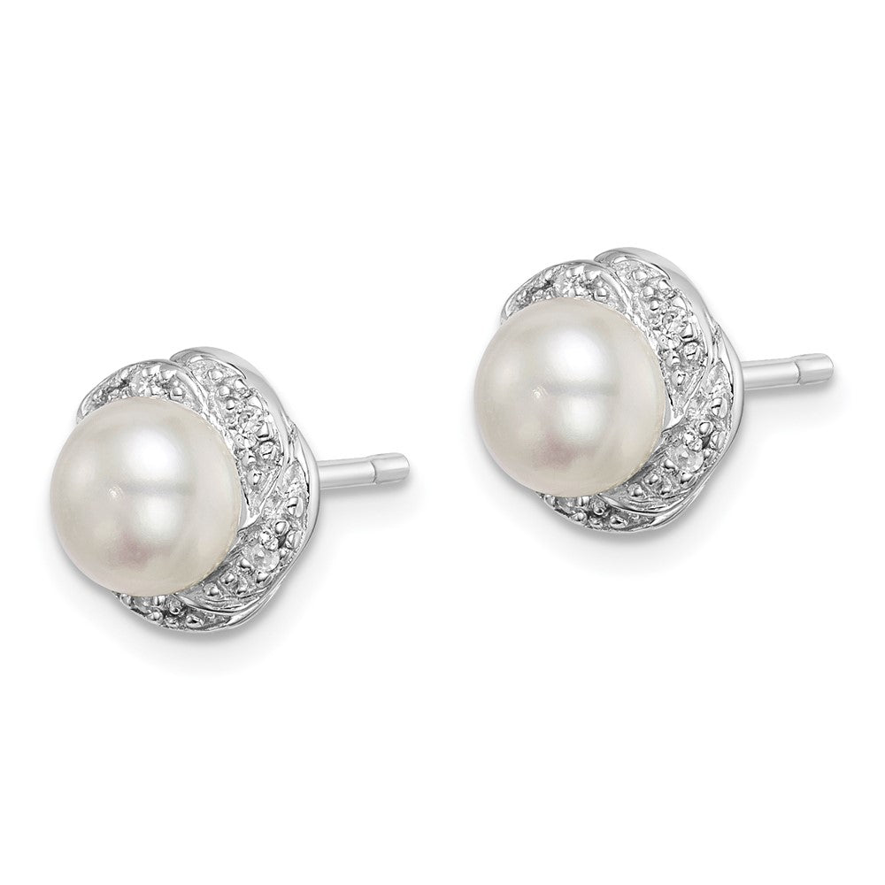 PSSE Sterling Silver Rhodium FW Cultured Pearl & Diamond Post Earrings